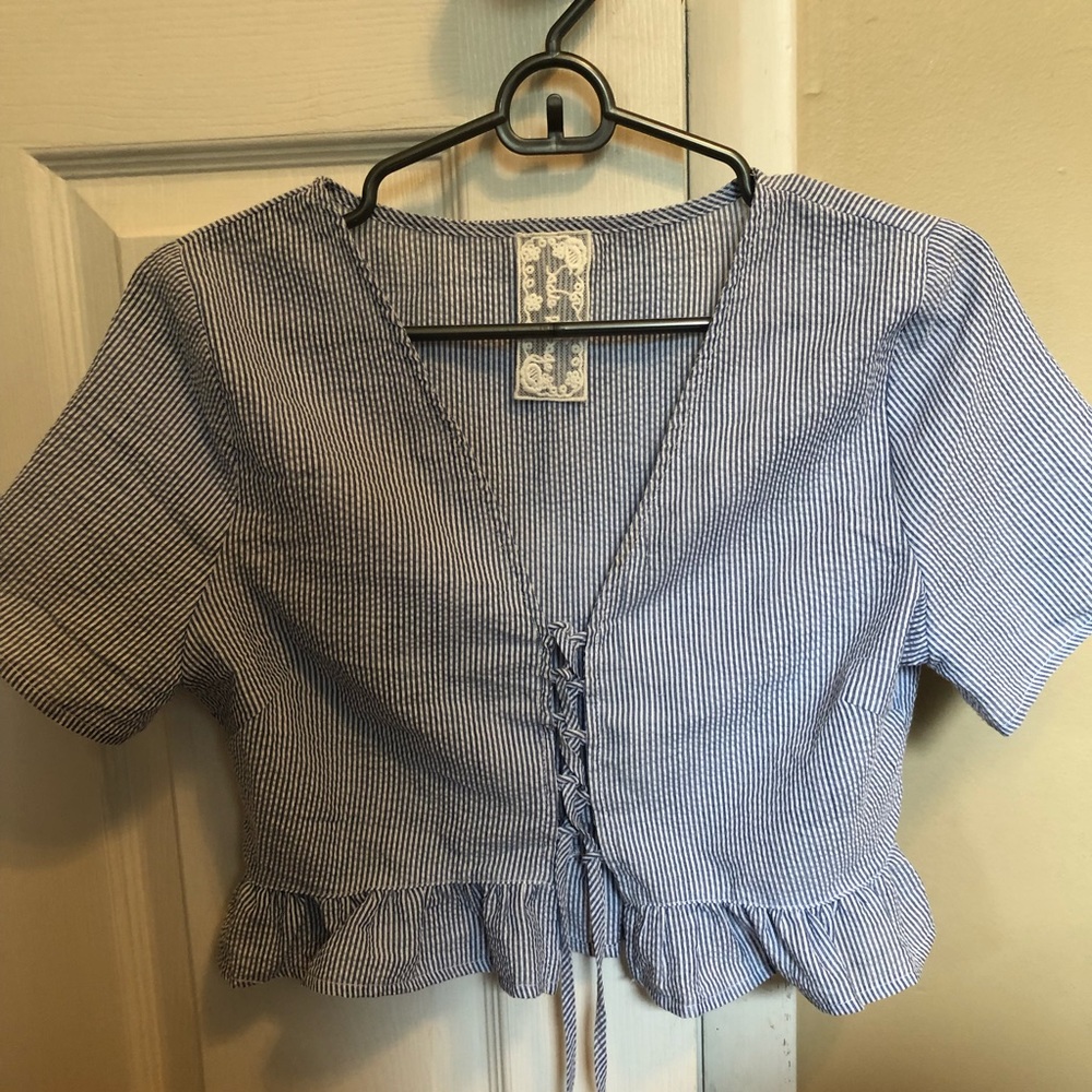 Showpo Lace Up Seersucker Crop Top